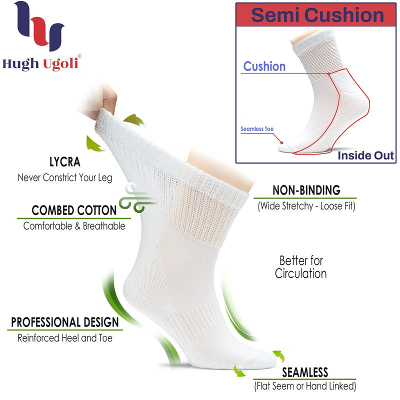 Hugh Ugoli Men's Cotton Diabetic Ankle Socks, Wide, Loose and Stretchy, Seamless Toe & Non Binding Top, Semi Cushion, 3 Pairs, White, Shoe Size: 8-11 - Image 2